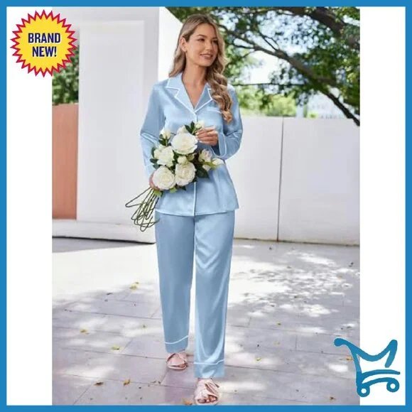 Silky Satin Pajama Set Long Sleeve Top Pants Lounge Wear